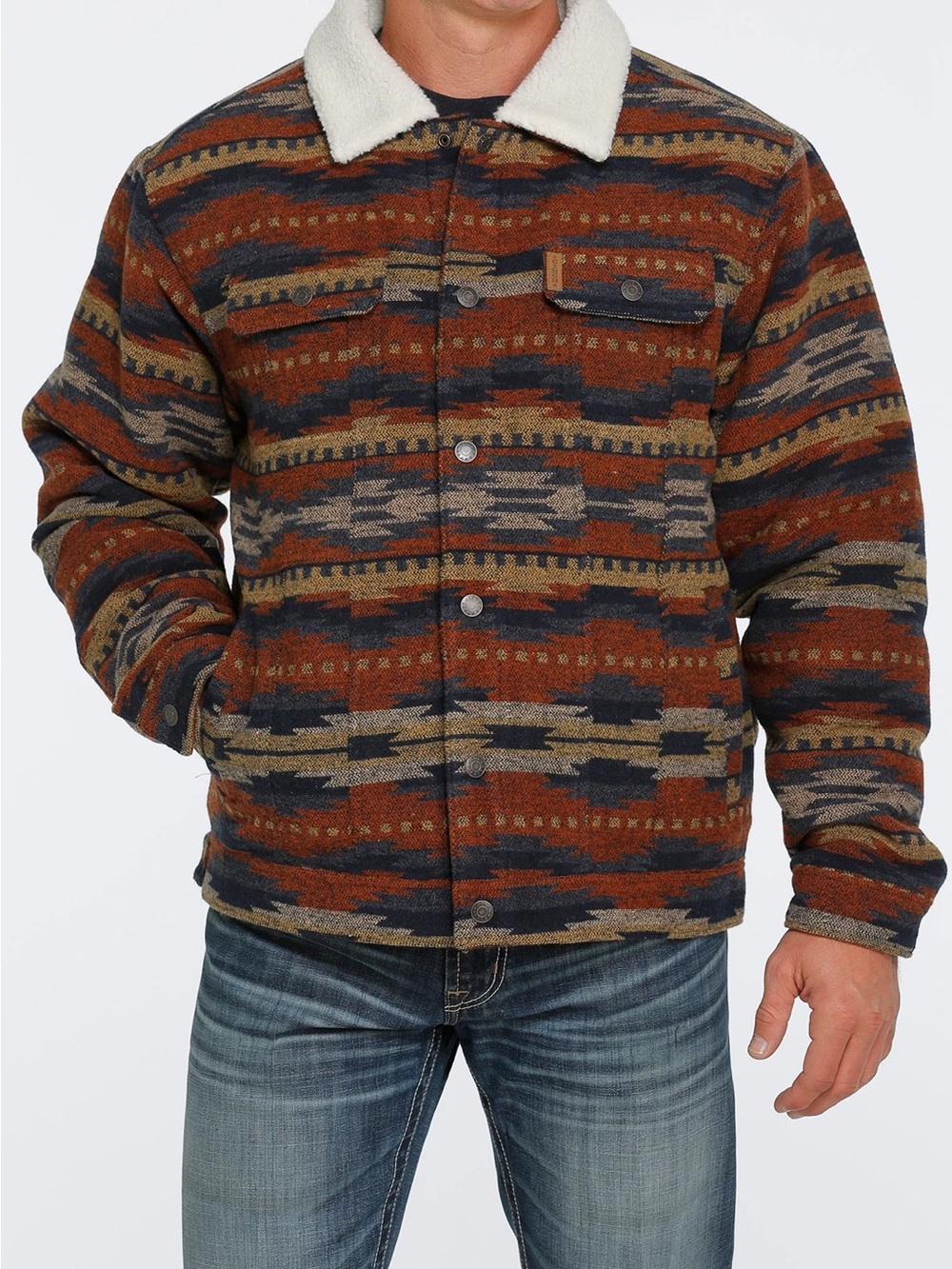 NEW Cinch Multi Patterned Sherpa Lined Wooly Trucker Jacket Navy Rust